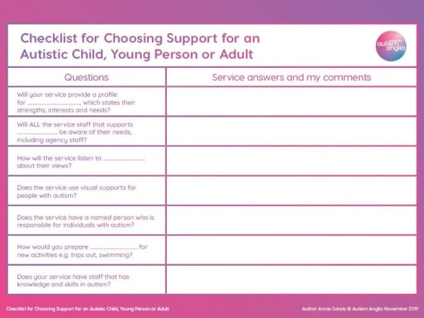 Checklist for Choosing Support for an Autistic Child, Young Person or Adult